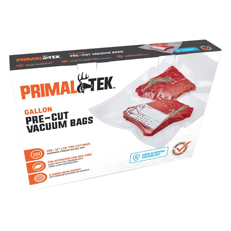 PrimalTek 11â€ x 16â€ Pre-Cut Vacuum Bags â€“ 100 1 Gallon Bags for Food Preservation â€“ BPA-Free Vacuum Sealer Bags, Microwave, Freezer and Boil Safe, Compatible with any Vacuum Sealer Machine - Image 1